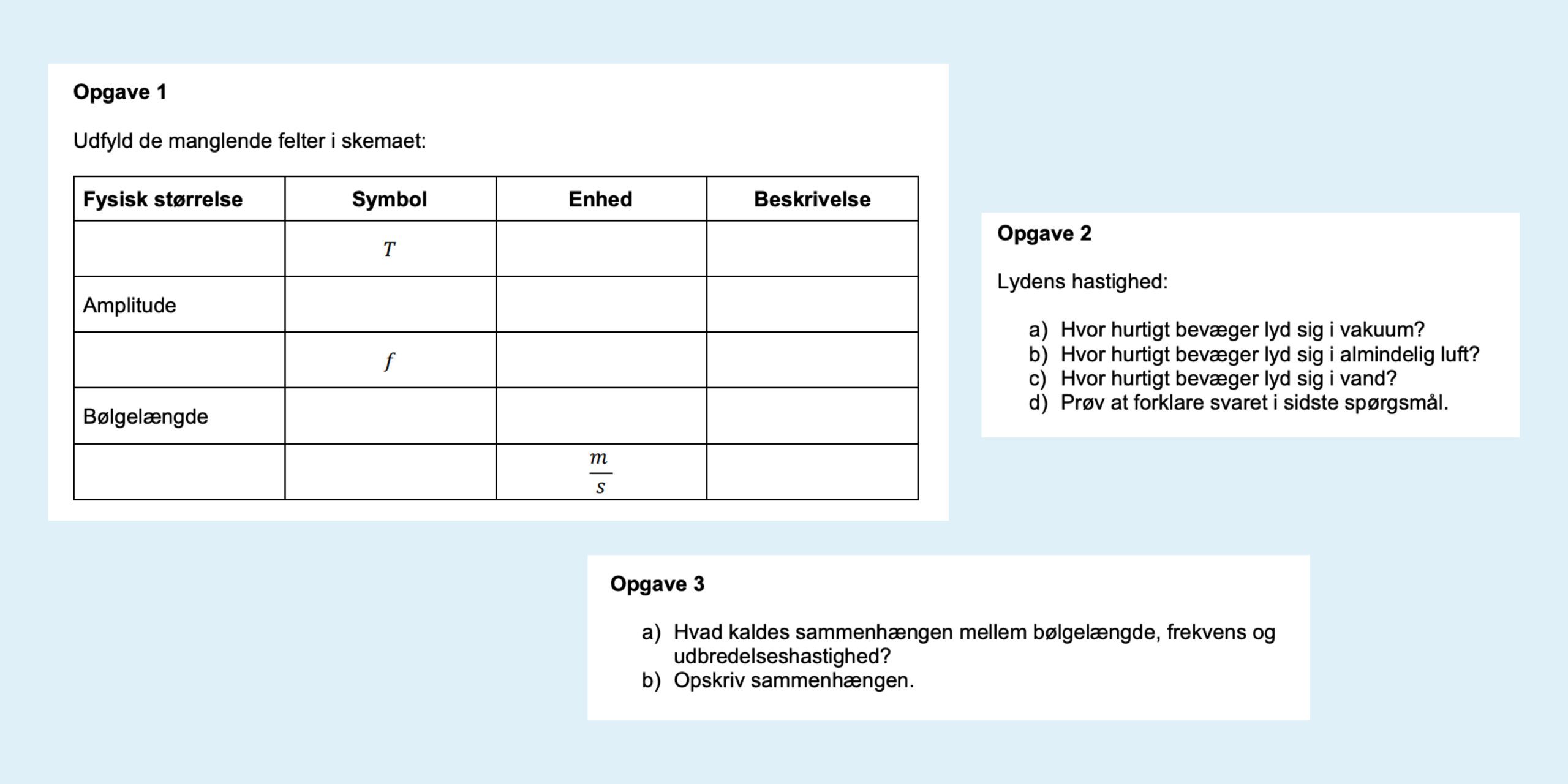 Simple opgaver om lyd og bølger